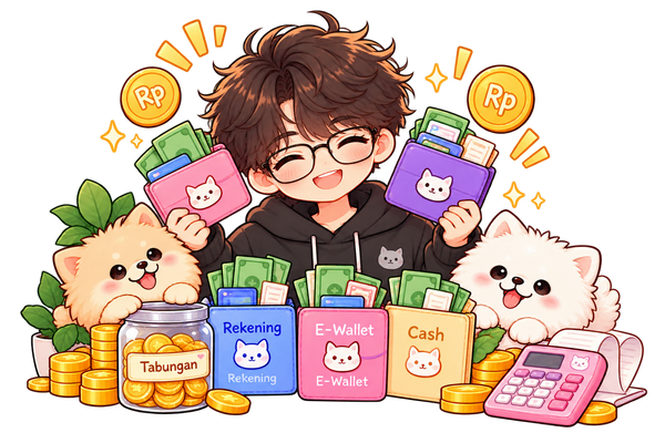 Ilustrasi dompet tunai, rekening, e-wallet, dan tabungan